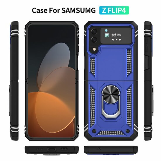 Samsung Galaxy Z Flip 4 Hoesje - MobyDefend Pantsercase Met Draaibare Ring - Blauw