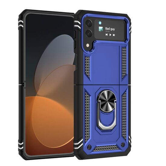 Samsung Galaxy Z Flip 4 Hoesje - MobyDefend Pantsercase Met Draaibare Ring - Blauw
