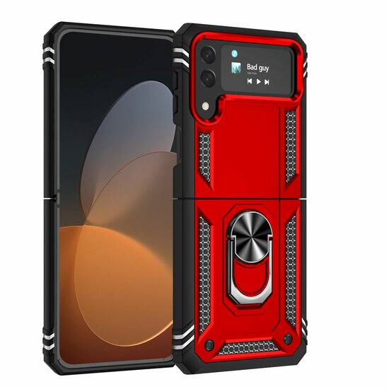 Samsung Galaxy Z Flip 4 Hoesje - MobyDefend Pantsercase Met Draaibare Ring - Rood