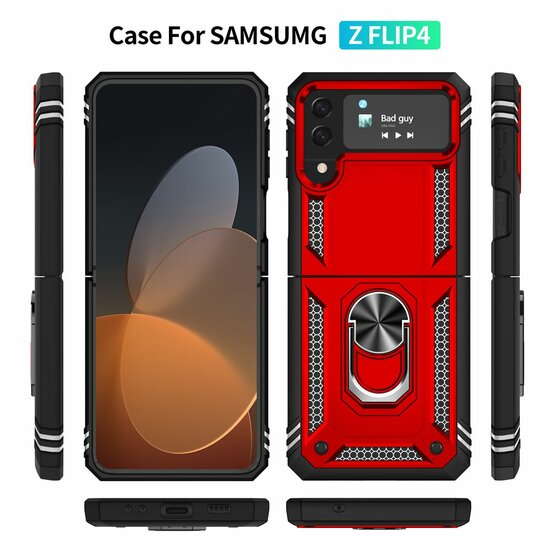 Samsung Galaxy Z Flip 4 Hoesje, MobyDefend Pantsercase Met Draaibare Ring, Rood