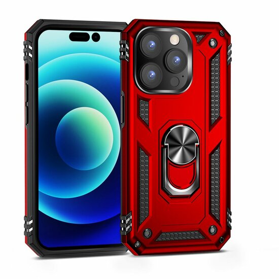 iPhone 14 Pro Max Hoesje, MobyDefend Pantsercase Met Draaibare Ring, Rood