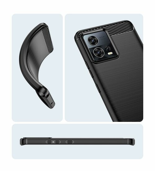 Motorola Edge 30 Fusion Hoesje - MobyDefend TPU Backcover - Geborstelde Metaal &amp; Carbon-Look - Zwart