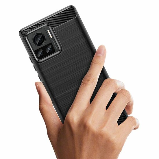 Motorola Edge 30 Ultra Hoesje, MobyDefend TPU Gelcase, Geborsteld Metaal + Carbonlook, Zwart