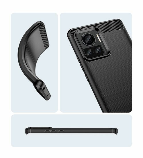 Motorola Edge 30 Ultra Hoesje, MobyDefend TPU Gelcase, Geborsteld Metaal + Carbonlook, Zwart