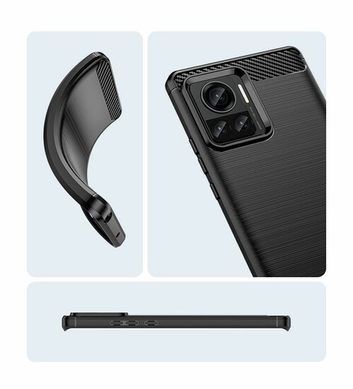 Motorola Edge 30 Ultra Hoesje - MobyDefend TPU Backcover - Geborstelde Metaal &amp; Carbon-Look - Zwart