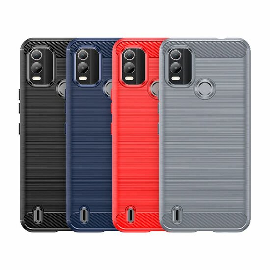 Nokia C21 Plus Hoesje - MobyDefend TPU Backcover - Geborstelde Metaal &amp; Carbon-Look - Zwart