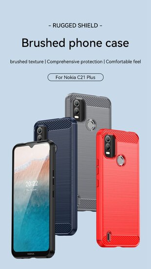 Nokia C21 Plus Hoesje - MobyDefend TPU Backcover - Geborstelde Metaal &amp; Carbon-Look - Zwart