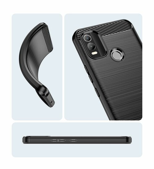 Nokia C21 Plus Hoesje - MobyDefend TPU Backcover - Geborstelde Metaal &amp; Carbon-Look - Blauw