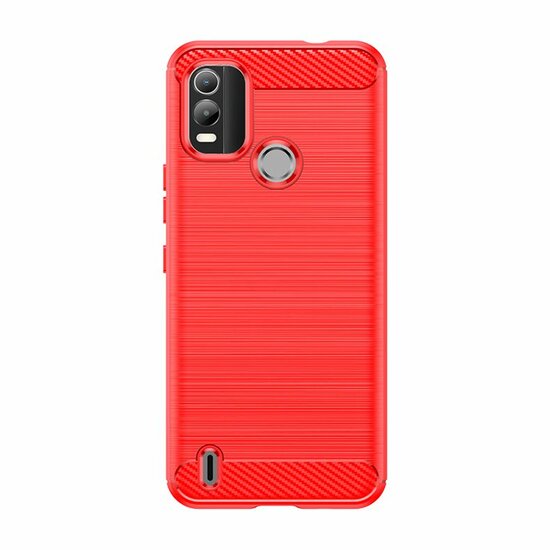 Nokia C21 Plus Hoesje, MobyDefend TPU Gelcase, Geborsteld Metaal + Carbonlook, Rood