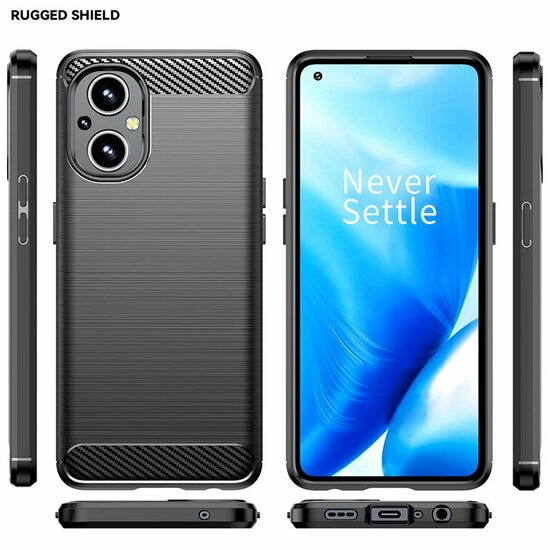 Oppo Reno 8 Lite Hoesje, MobyDefend TPU Gelcase, Geborsteld Metaal + Carbonlook, Zwart