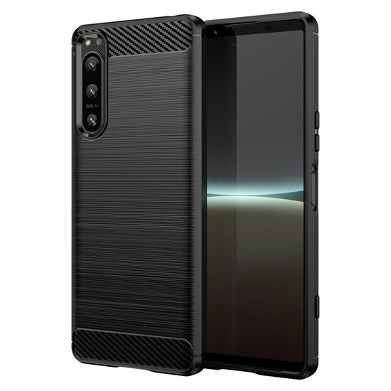 Sony Xperia 5 IV Hoesje - MobyDefend TPU Backcover - Geborstelde Metaal &amp; Carbon-Look - Zwart
