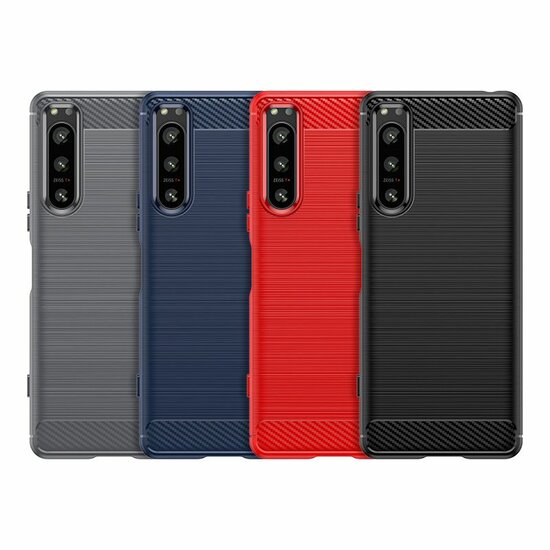 Sony Xperia 5 IV Hoesje, MobyDefend TPU Gelcase, Geborsteld Metaal + Carbonlook, Rood