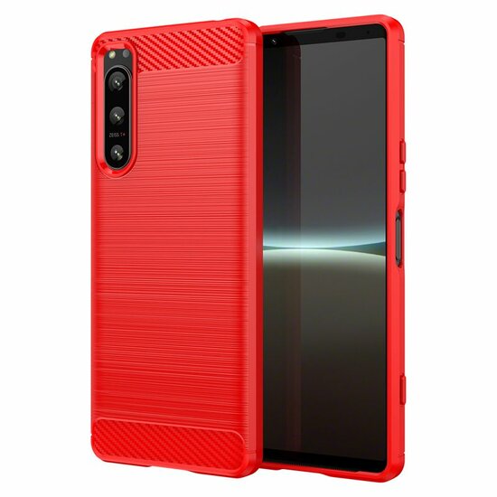 Sony Xperia 5 IV Hoesje, MobyDefend TPU Gelcase, Geborsteld Metaal + Carbonlook, Rood