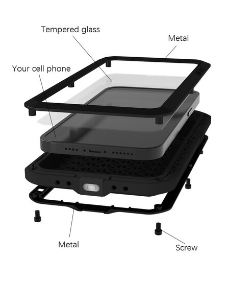 iPhone 14 Plus Hoes, Love Mei, Metalen Extreme Protection Case, Zwart