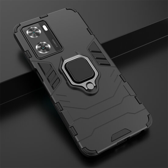 Oppo A57 / A57s / A77 Hoesje - MobyDefend Dubbelgelaagde Pantsercase Met Standaard - Zwart