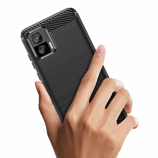 Motorola Edge 30 Neo Hoesje - MobyDefend TPU Backcover - Geborstelde Metaal &amp; Carbon-Look - Zwart