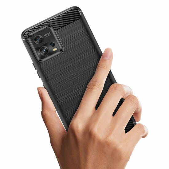 Motorola Moto G72 Hoesje, MobyDefend TPU Gelcase, Geborsteld Metaal + Carbonlook, Zwart