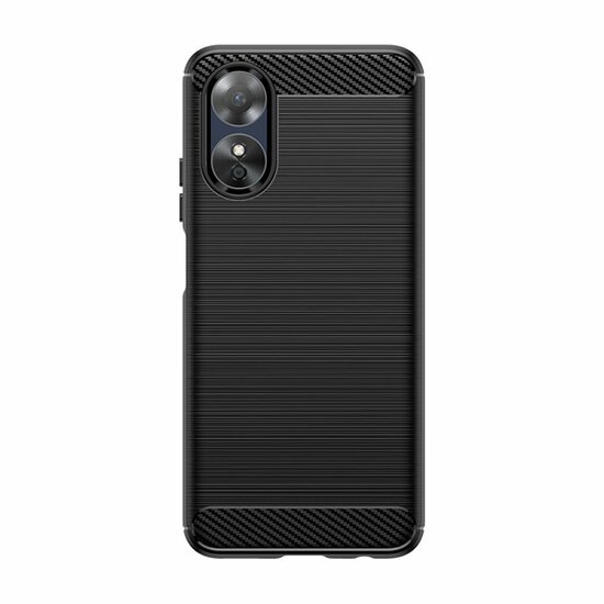 Oppo A17 Hoesje, MobyDefend TPU Gelcase, Geborsteld Metaal + Carbonlook, Zwart