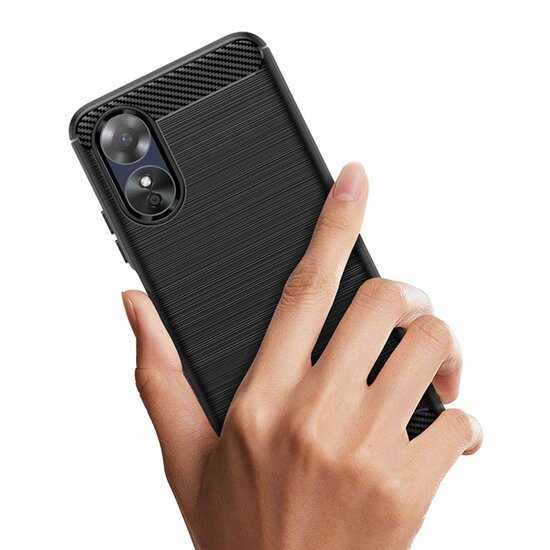 Oppo A17 Hoesje - MobyDefend TPU Backcover - Geborstelde Metaal &amp; Carbon-Look - Blauw