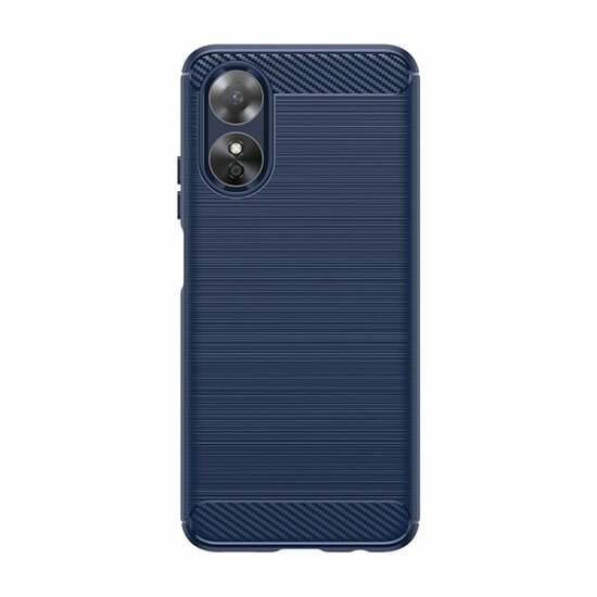 Oppo A17 Hoesje, MobyDefend TPU Gelcase, Geborsteld Metaal + Carbonlook, Blauw