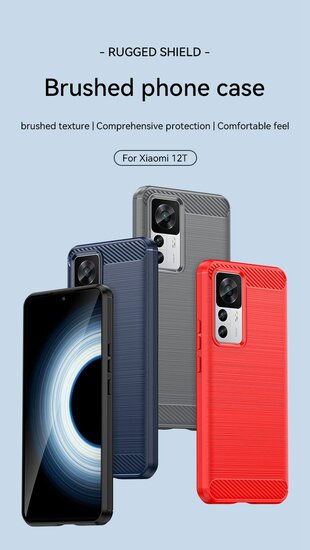 Xiaomi 12T / 12T Pro Hoesje, MobyDefend TPU Gelcase, Geborsteld Metaal + Carbonlook, Blauw