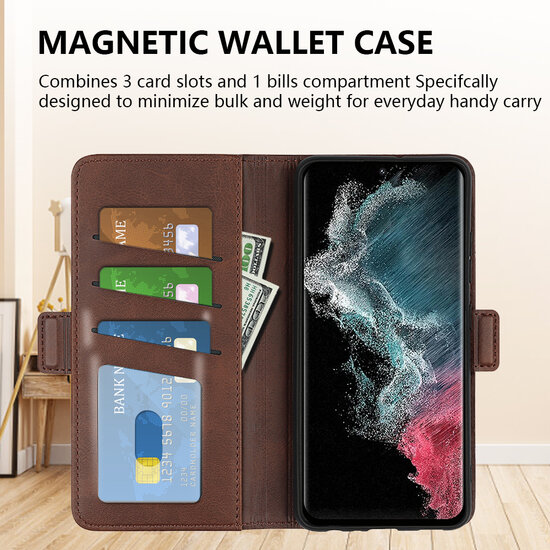 Samsung Galaxy S23 Ultra Hoesje, MobyDefend Luxe Wallet Book Case (Sluiting Zijkant), Lichtbruin