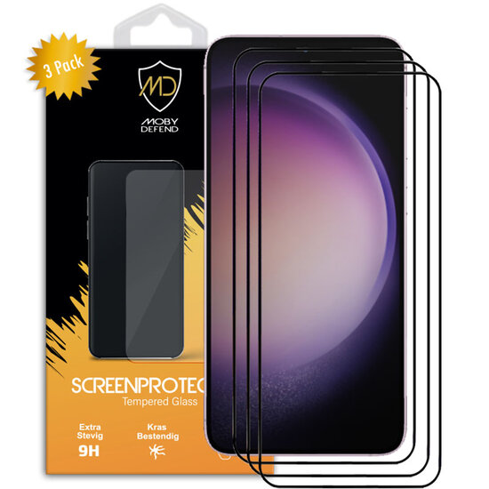 3-Pack Samsung Galaxy S23 Screenprotectors - MobyDefend Screensavers Met Zwarte Randen - Gehard Glas 