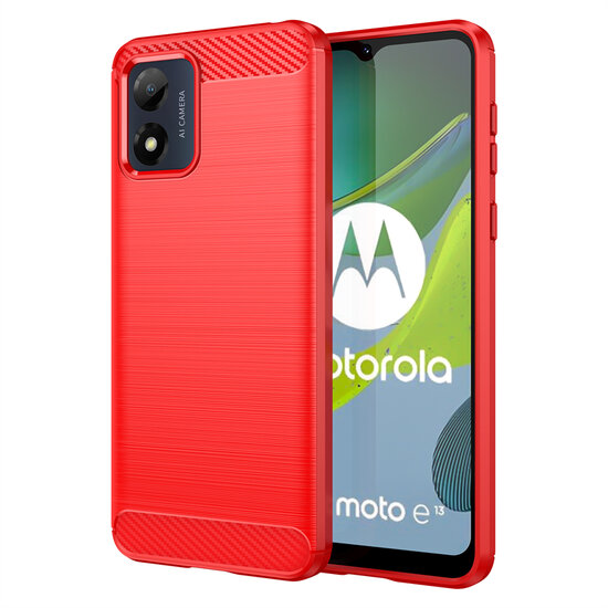 Motorola Moto E13 Hoesje, MobyDefend TPU Gelcase, Geborsteld Metaal + Carbonlook, Rood