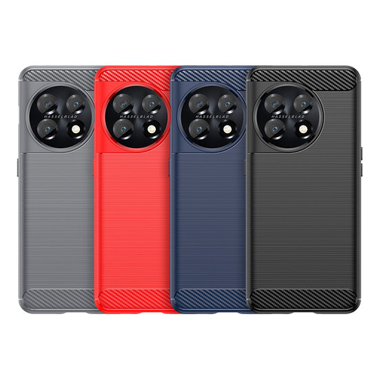 OnePlus 11 Hoesje, MobyDefend TPU Gelcase, Geborsteld Metaal + Carbonlook, Blauw