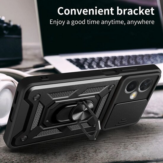Xiaomi Redmi Note 12 5G Hoesje - MobyDefend Pantsercase Met Draaibare Ring - Zwart
