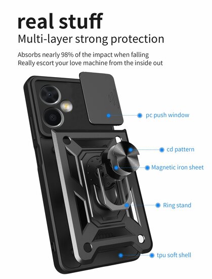 Xiaomi Redmi Note 12 5G Hoesje - MobyDefend Pantsercase Met Draaibare Ring - Zwart