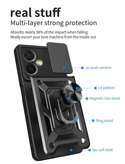 Xiaomi Redmi Note 12 5G Hoesje, MobyDefend Pantsercase Met Draaibare Ring, Zilvergrijs