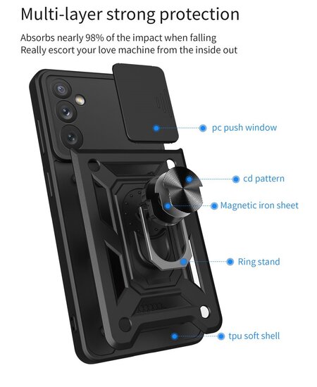 Samsung Galaxy A34 Hoesje - MobyDefend Pantsercase Met Draaibare Ring - Zilvergrijs