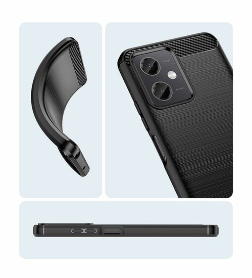 Xiaomi Redmi Note 12 5G Hoesje, MobyDefend TPU Gelcase, Geborsteld Metaal + Carbonlook, Zwart