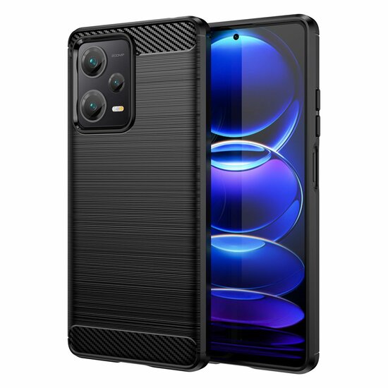 Xiaomi Redmi Note 12 Pro Plus 5G Hoesje, MobyDefend TPU Gelcase, Geborsteld Metaal + Carbonlook, Zwart