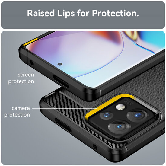 Motorola Edge 40 Pro Hoesje, MobyDefend TPU Gelcase, Geborsteld Metaal + Carbonlook, Zwart
