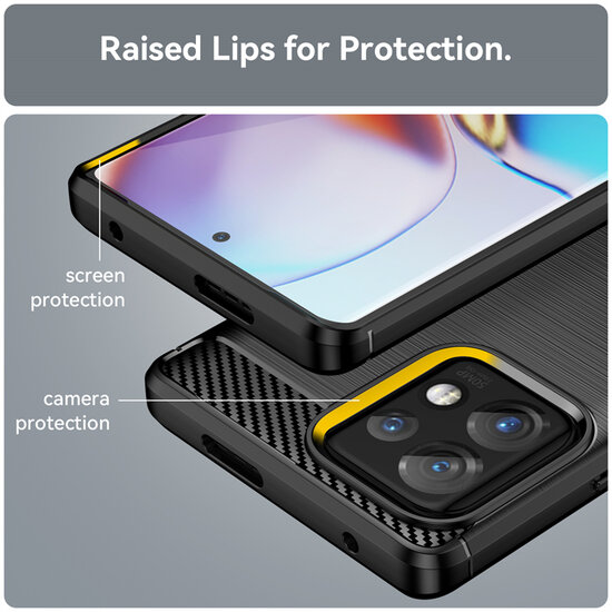 Motorola Edge 40 Pro Hoesje - MobyDefend TPU Backcover - Geborstelde Metaal &amp; Carbon-Look - Zwart