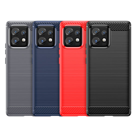 Motorola Edge 40 Pro Hoesje, MobyDefend TPU Gelcase, Geborsteld Metaal + Carbonlook, Blauw