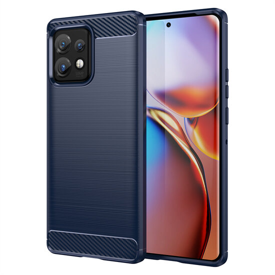 Motorola Edge 40 Pro Hoesje - MobyDefend TPU Backcover - Geborstelde Metaal &amp; Carbon-Look - Blauw
