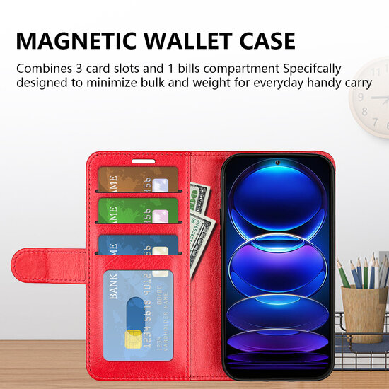 Xiaomi Redmi Note 12 5G Hoesje, MobyDefend Wallet Book Case (Sluiting Achterkant), Rood