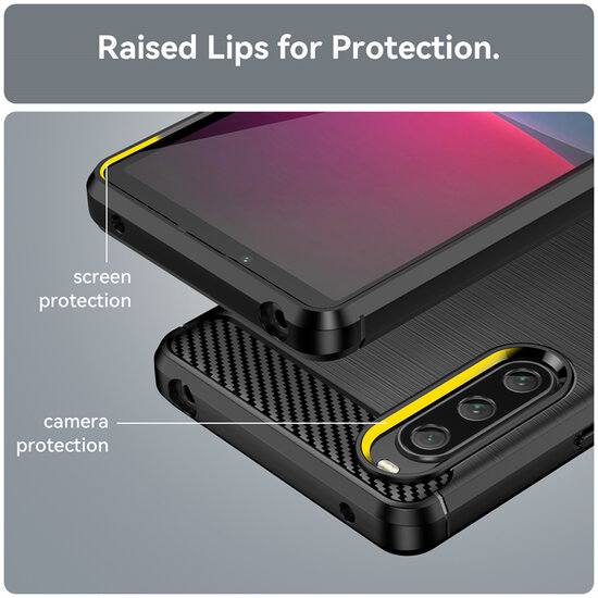 Sony Xperia 10 V Hoesje - MobyDefend TPU Backcover - Geborstelde Metaal &amp; Carbon-Look - Zwart