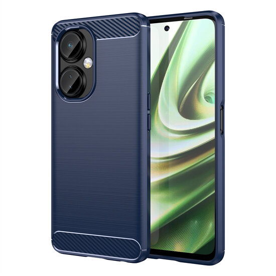 OnePlus Nord CE 3 Lite Hoesje - MobyDefend TPU Backcover - Geborstelde Metaal &amp; Carbon-Look - Blauw