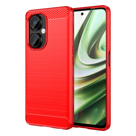 OnePlus Nord CE 3 Lite Hoesje - MobyDefend TPU Backcover - Geborstelde Metaal &amp; Carbon-Look - Rood