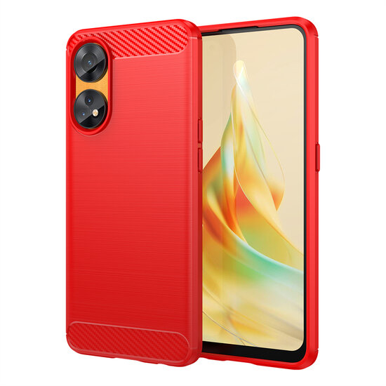 Oppo Reno8 T Hoesje, MobyDefend TPU Gelcase, Geborsteld Metaal + Carbonlook, Rood