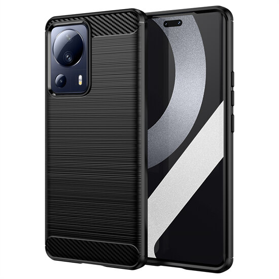 Xiaomi 13 Lite Hoesje - MobyDefend TPU Backcover - Geborstelde Metaal &amp; Carbon-Look - Zwart