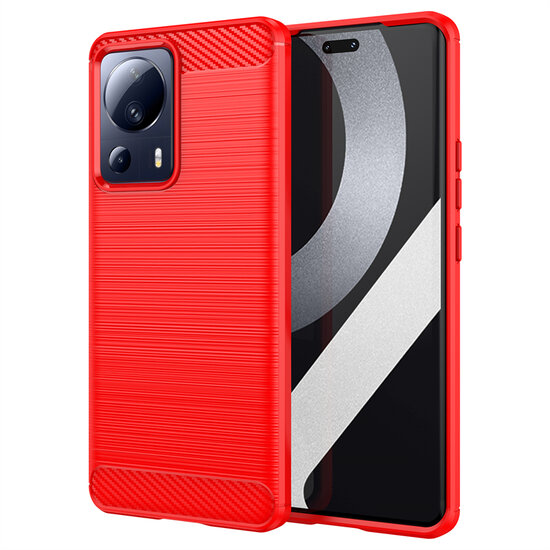 Xiaomi 13 Lite Hoesje - MobyDefend TPU Backcover - Geborstelde Metaal &amp; Carbon-Look - Rood