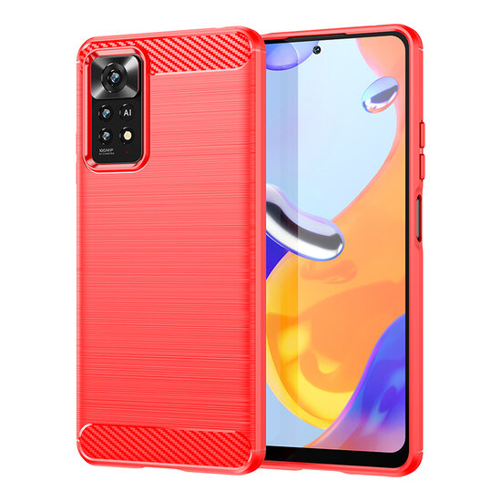 Xiaomi Redmi Note 12 Pro 4G Hoesje, MobyDefend TPU Gelcase, Geborsteld Metaal + Carbonlook, Rood