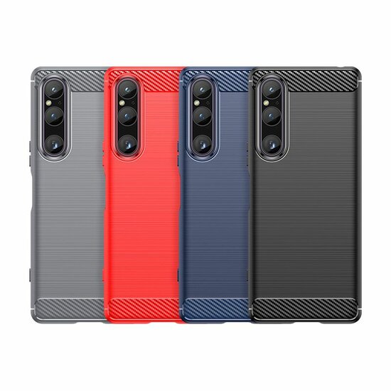 Sony Xperia 1 V Hoesje, MobyDefend TPU Gelcase, Geborsteld Metaal + Carbonlook, Zwart