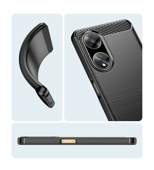 Oppo A98 Hoesje, MobyDefend TPU Gelcase, Geborsteld Metaal + Carbonlook, Zwart