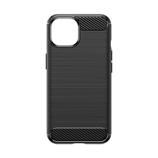 iPhone 15 Hoesje, MobyDefend TPU Gelcase, Geborsteld Metaal + Carbonlook, Zwart